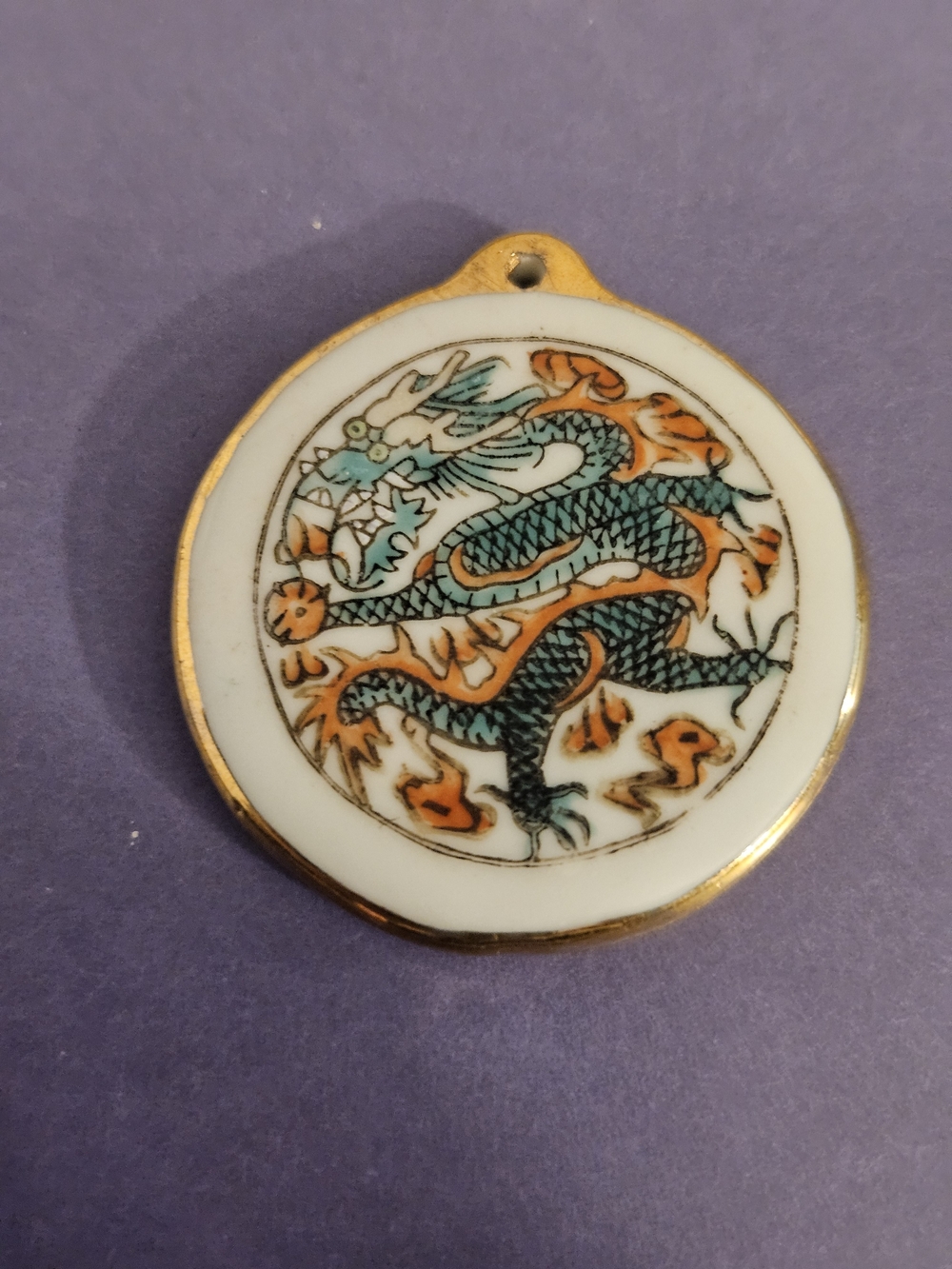 Vintage Porcelain Dragon Pendant in Teal and Orange